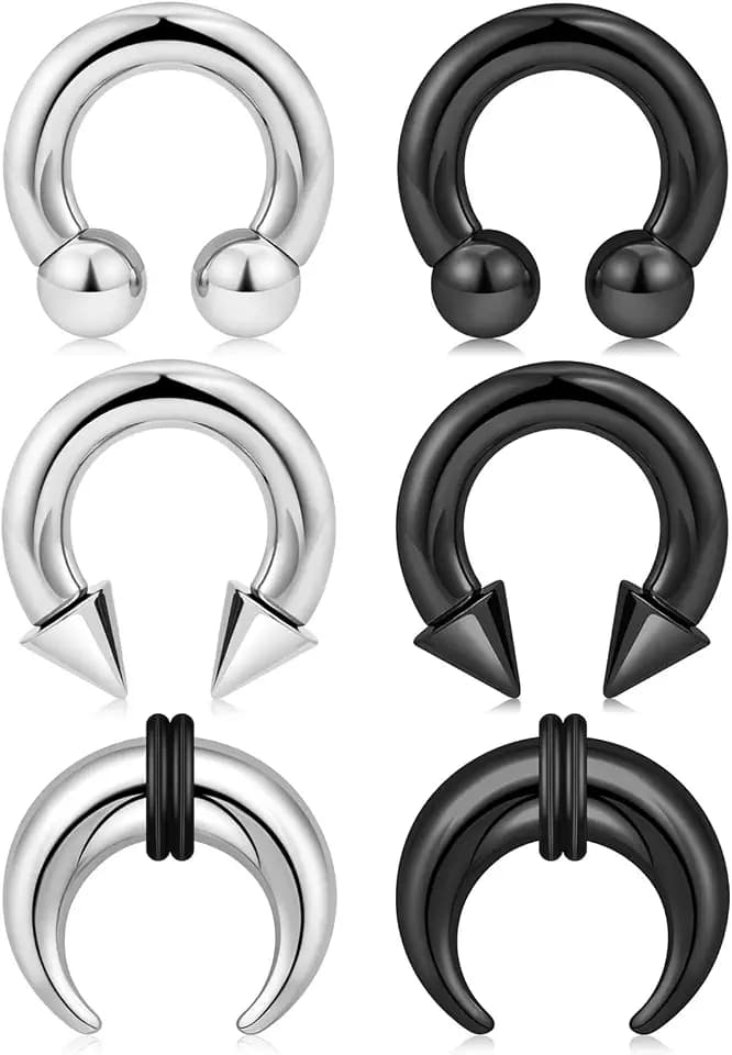 Qmcandy 6-12pcs Septum Pincher Tapers 8G 6G 4G 2G Stretching Kit C Shape Septum Piercing Jewelry Heavy Ear Gauges Earrings Horseshoe Nose Rings for Women Men