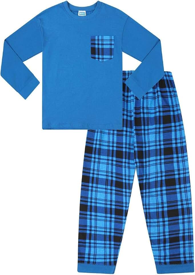 ThePyjamaFactory Jungen Blau Langer Karierter Hose Baumwolle Schlafanzug Satz PJs für Kinder