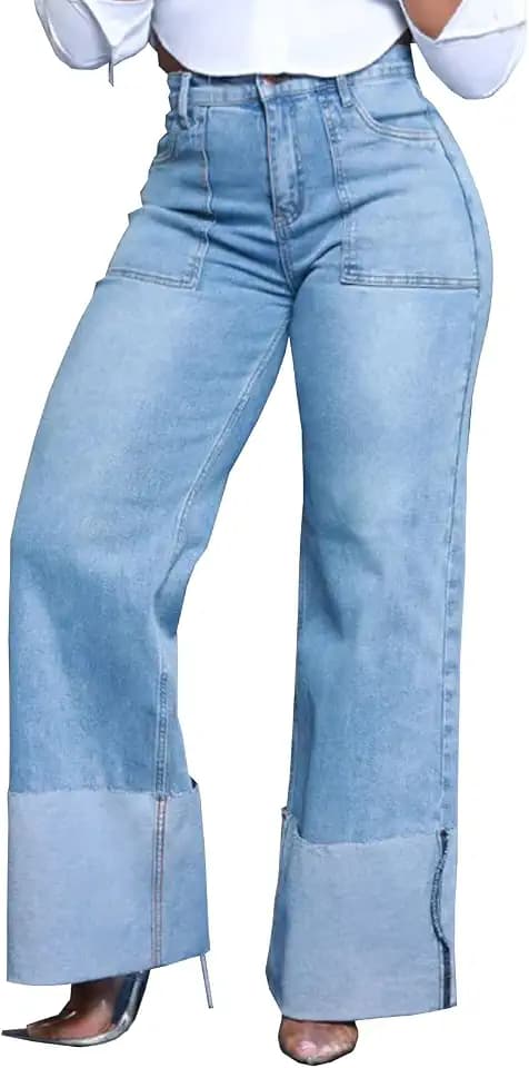 KnoInt Women's Wide Leg Straight Jeans High Waisted Baggy Stretch Loose Denim Pants