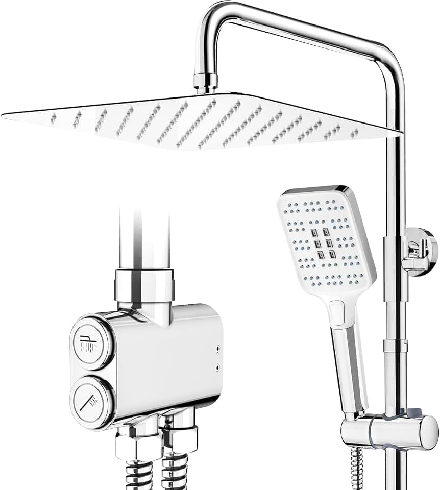 Rainsworth Regendusche ohne Armatur Chrome, 30 * 30 cm Quadratisch Regendusche und 3 Strahlarten Duschkopf, Duschsystem, Duschsäule Duschset für Dusche