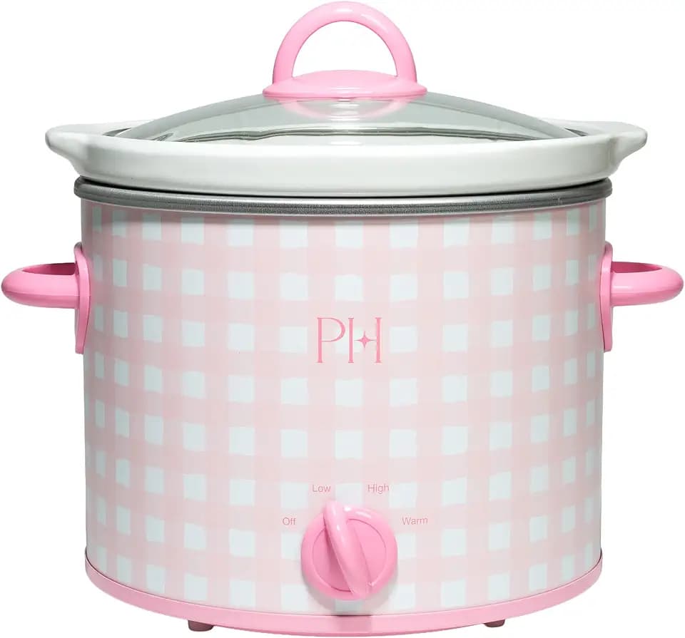 Paris Hilton 3.5-Quart Manual Slow Cooker, Features Three Settings (Low, High, Warm), Naturally Nonstick and Dishwasher Safe Stoneware Insert, Family Sized Capacity, Gingham Pink