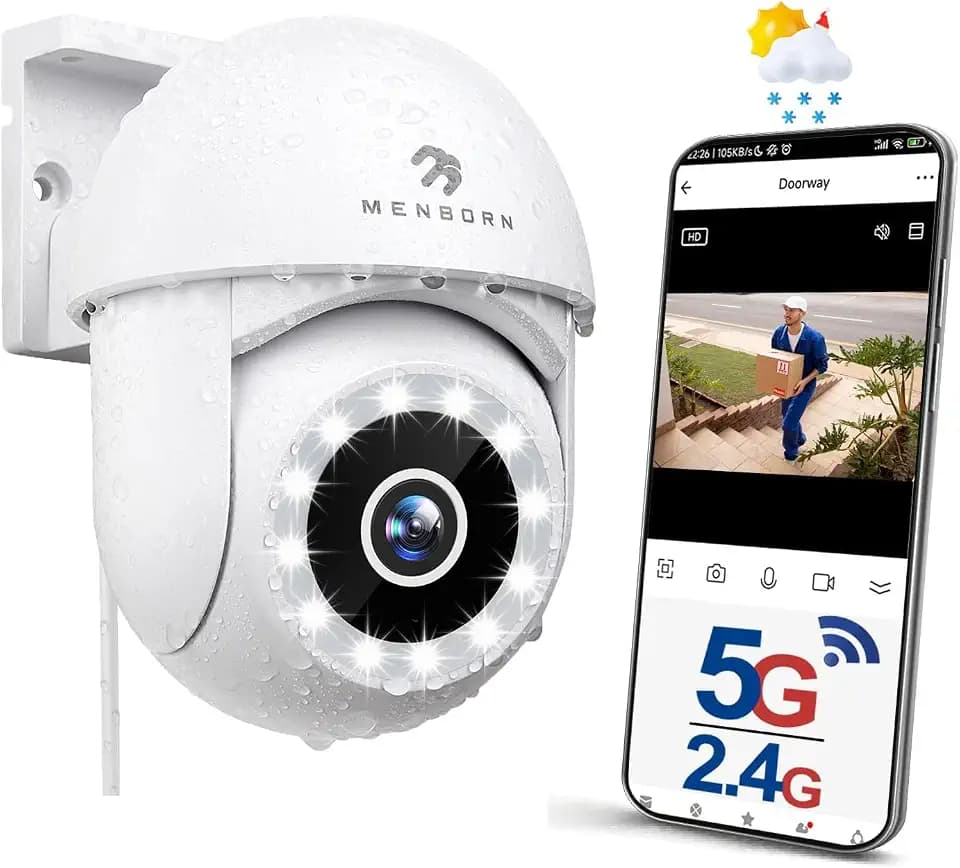 Menborn 2,5K Überwachungskamera Aussen, 2,4/5GHz Kamera Überwachung mit Flutlicht, 360° Sichtbereich IP Kamera mit Vollfarb-Nachtsicht, Automatischer Verfolgung, 2-Wege-Audio, Funktioniert mit Alexa