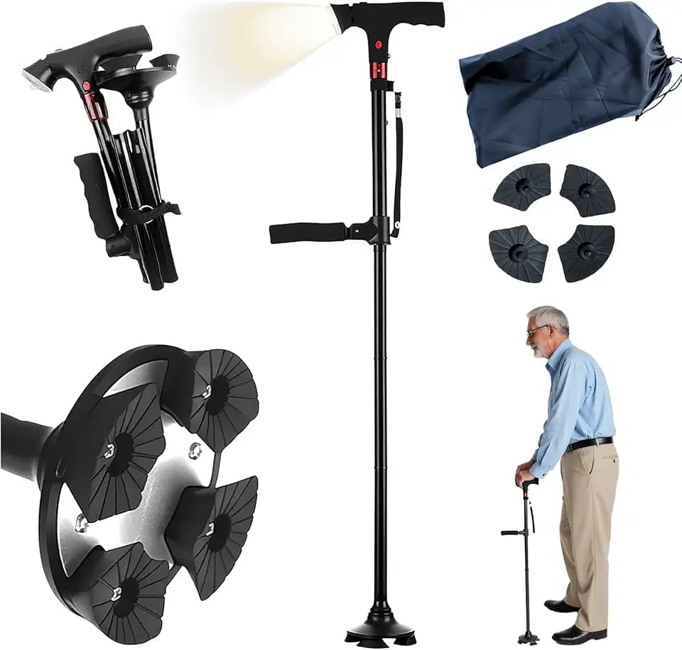 Walking Cane for Women & Seniors Balance – Foldable Adjustable Smart Cane for Men with LED Light & Alarm, Four-Leg Base & Double Handles, Lightweight Mobility Aid for Elderly Stability