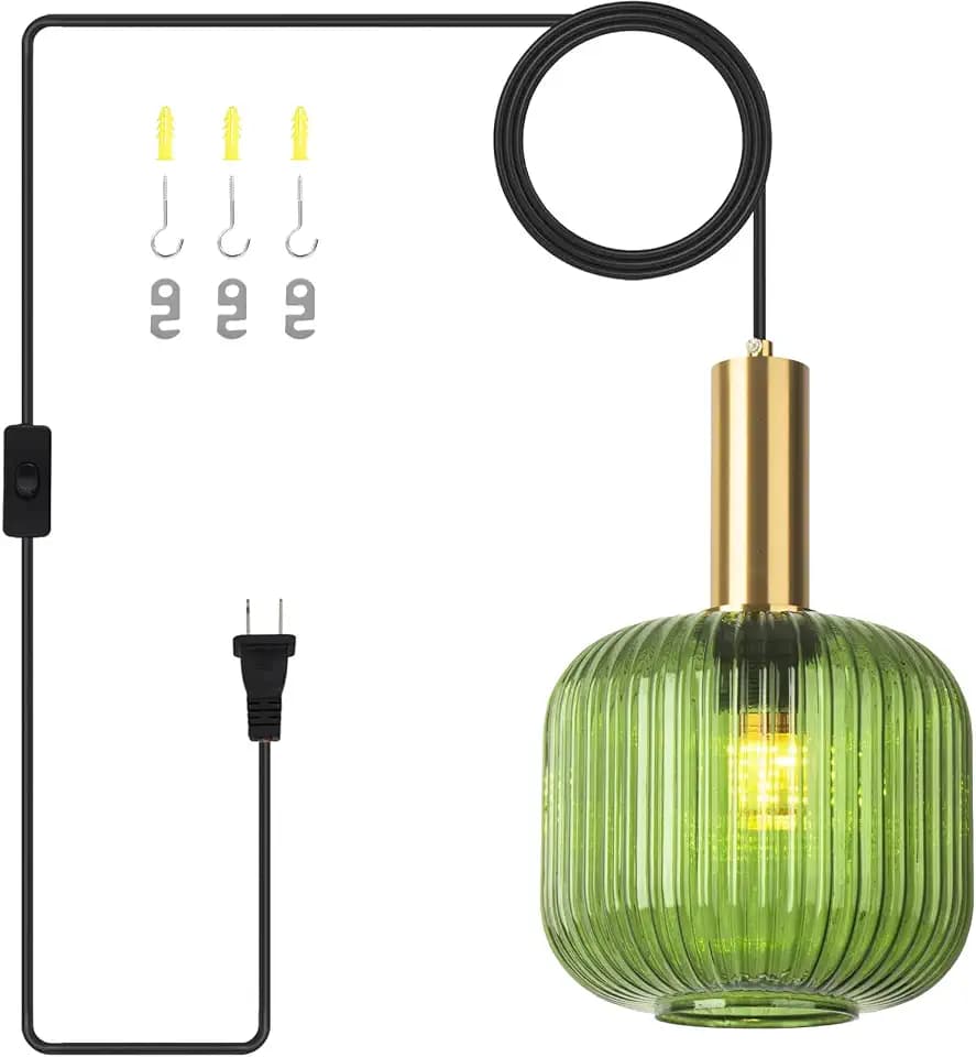 Green Glass Hanging Plug in Light Pendants for Bedroom 7.9" Stripe Lantern Boho Mid Century Pendant Lamp for Living Room Bar, Green Ceiling Light