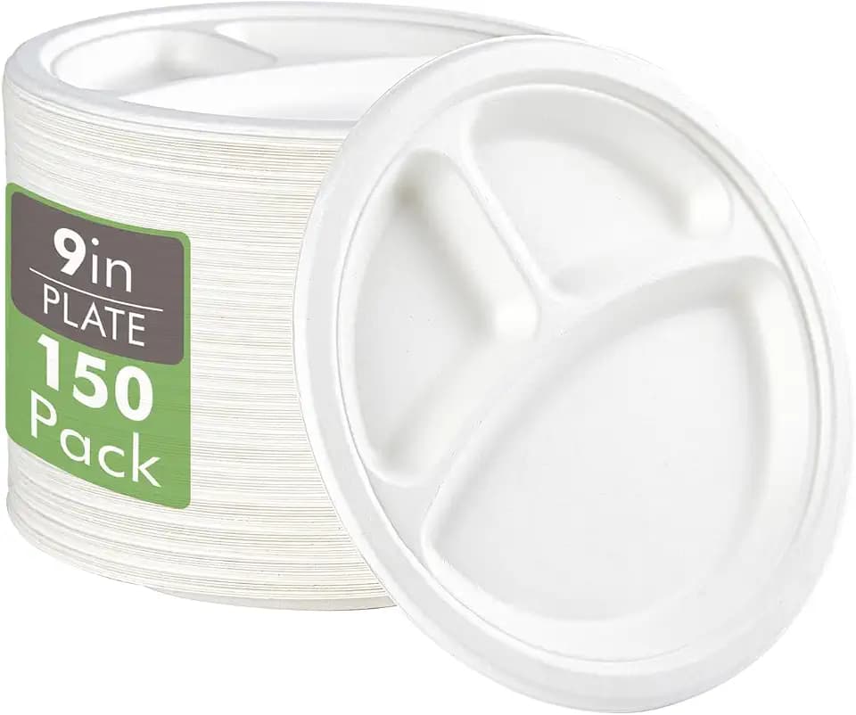 Vplus Compostable Paper Plates, 150 Pack 9 Inch 3 Compartment Plates, White