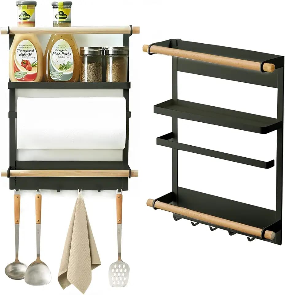 Magnetisches Gewürzregal für den Kühlschrank – 3-stufiges Regal mit 6 Haken, Holzdesign – Küchenregal für Gewürze, Handtücher, Gläser & Küchenrolle (schwarz)