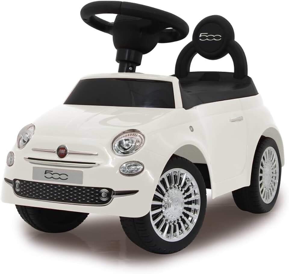JAMARA 460325 - Rutscher FIAT 500 weiß – offiziell lizenziert, Kofferraum unter der Sitzfläche, Schub- und Haltegriff, Verschiedene Sounds, Hupe, originalgetreue Optik, wertige Verarbeitung