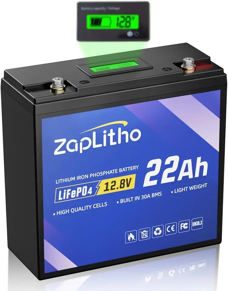 12V 22Ah LiFePO4 Lithium Battery, LCD Voltmeter & 30A BMS