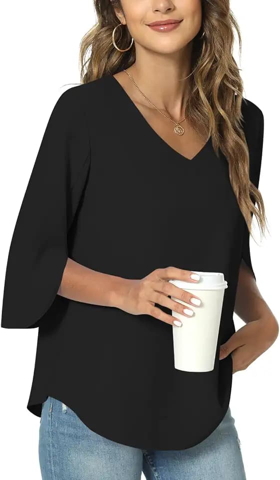 TAOHUADAO Womens 2026 Summer 3/4 Sleeve Tunic Tops Chiffon Work Blouse V-Neck Dressy Casual Shirt