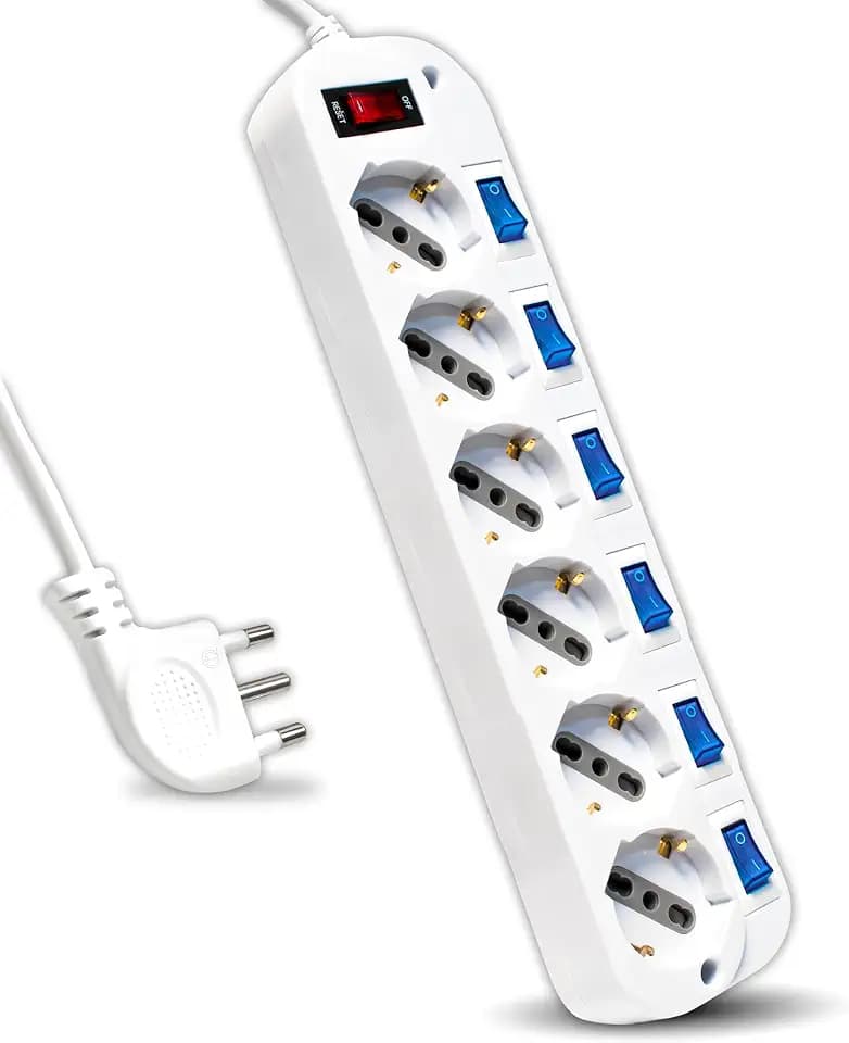 V-TAC Steckdosenleiste mit unabhängigen Schaltern – 6 Steckdosen 10/16 A Bypass + Schuko – Stecker 16 A – Steckdose für Haus, Büro, Geschäft – Farbe Weiß