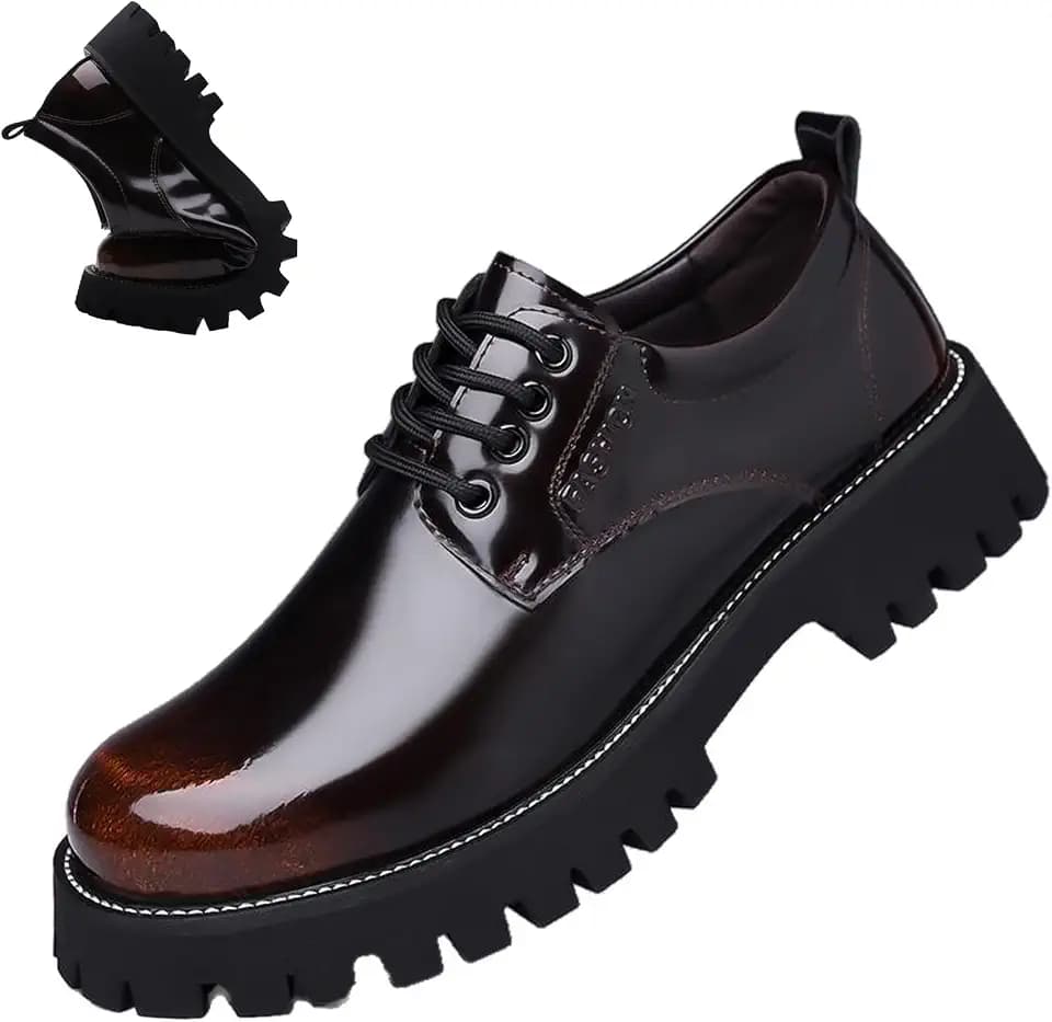 Men's Fashion Leather Chunky Heel Platform Oxfords Classic Round Toe Lace Up Lug Sole Derby Dress Shoes Daily Business Work Office Casuals