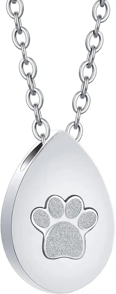 Teardrop Paw Print Urn Necklace for Pet Ashes Stainless Steel Cremation Jewelry Memorial Keepsake Pendant for Dogs Cats Gift for Pet Owners
