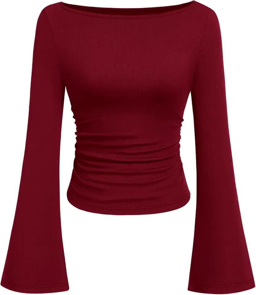PRETTYGARDEN Womens Bell Long Sleeve Ribbed Knit Tops