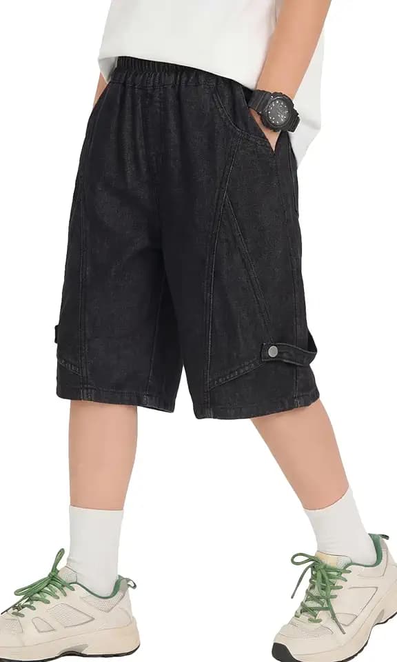 Happy Cherry Denim Shorts für Jungen Y2K Weites Bein Kurze Jeanshose mit Elastischem Bund Kinder Sommer Hip Hop Streetwear 5-15 Jahre