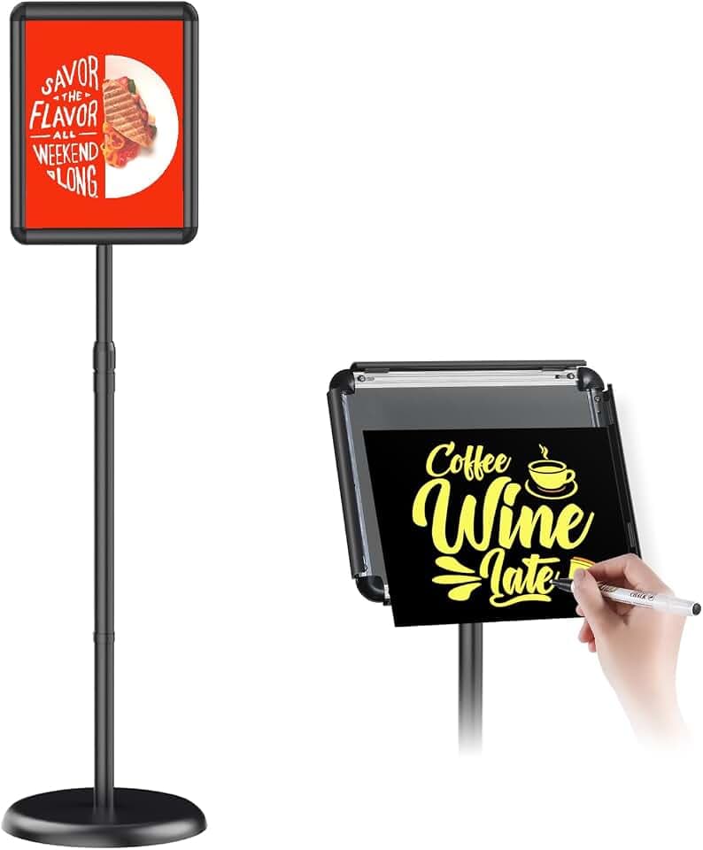 Adjustable Pedestal Floor Stand Sign Holder for 8.5*11 inches Poster or chalk board, Snap open frame,360° Rotation,Outdoor Indoor Standing Display Sign Holders for advertising ,Black