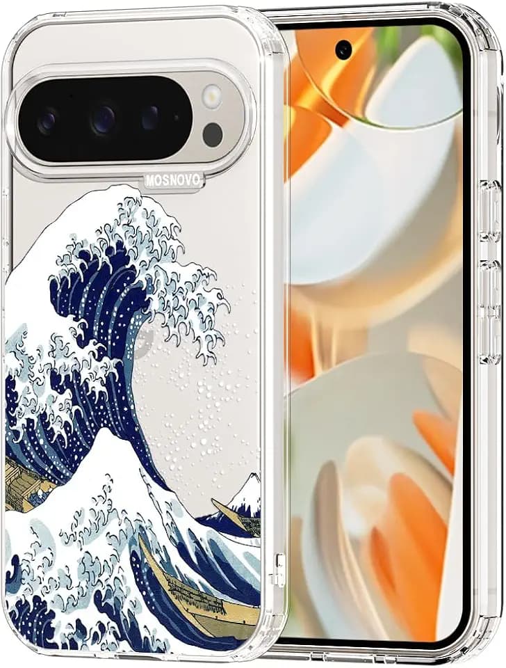 MOSNOVO Case for Google Pixel 9 Pro XL, [Buffertech 6.6ft Military-Grade Drop Protection] [Anti Peel Off Tech] Clear TPU Bumper Phone Case Cover Design - Great Wave