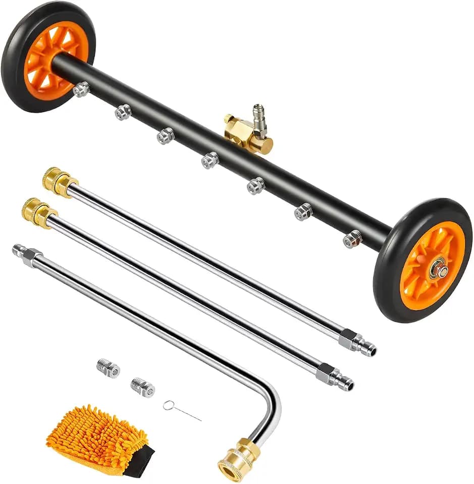 VEVOR 24 Inch Pressure Washer Undercarriage Cleaner, 4000 PSI Stainless Steel Cleaner with Angle Adjustment and 7 Nozzles, with 2 Extended Wands for Driveway, Patio, Deck