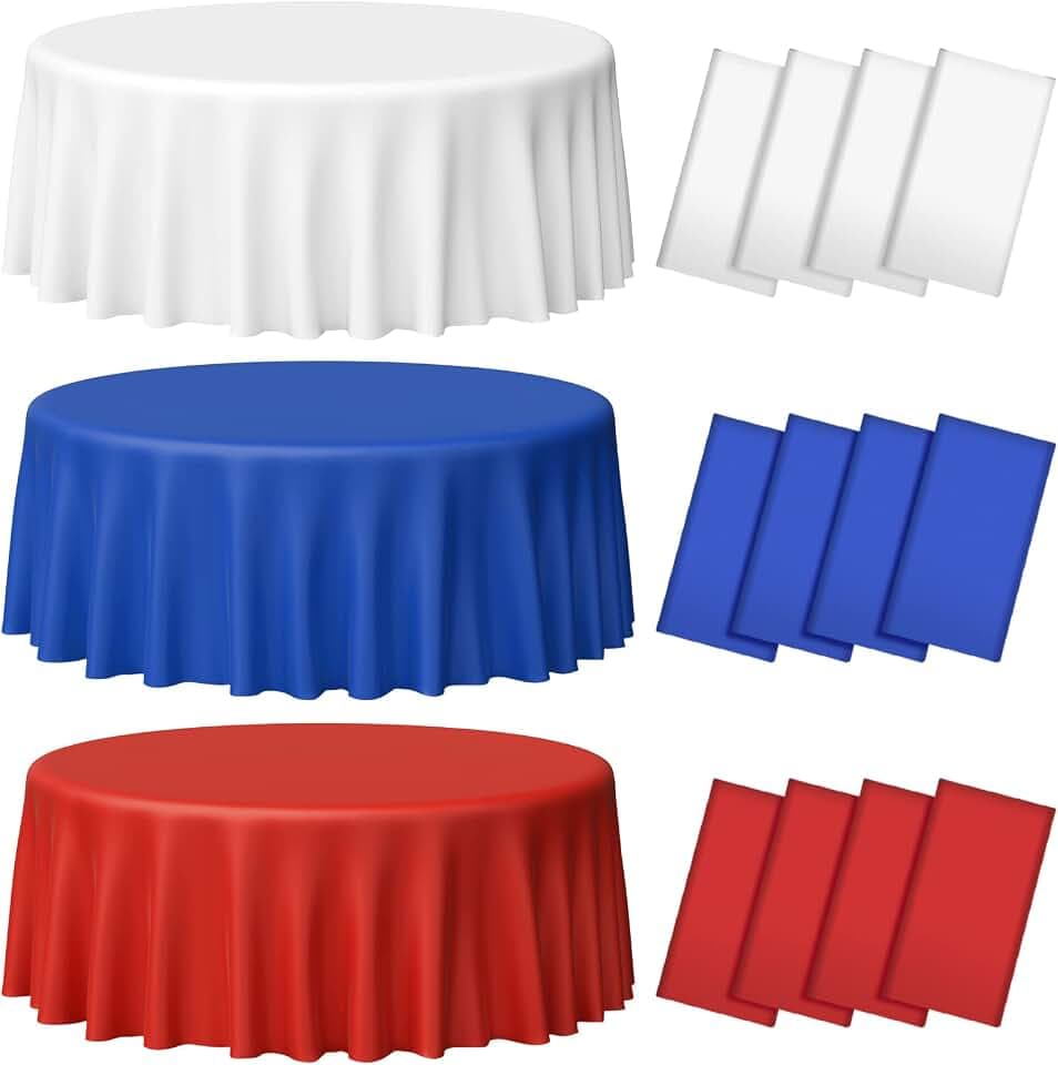 MASHAN 12 Pack 4th of July Plastic Tablecloth, Red White and Blue Patriotic Disposable Tablecloth,Round Table Cover for Independence Day Memorial Day Veterans Day 250 Anniversary Decorations, 84 Inch