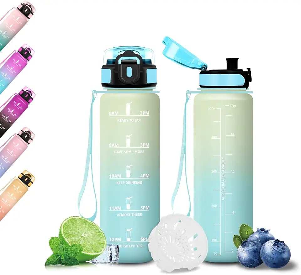 Trinkflasche 500ml, Trinkflasche Auslaufsicher, Wasserflasche mit Zeitmarkierung, Flasche mit Uhrzeit, Sichere Verriegelung, Leicht zu Reinigen, für Running, Schule, Büro, Camping, Outdoor