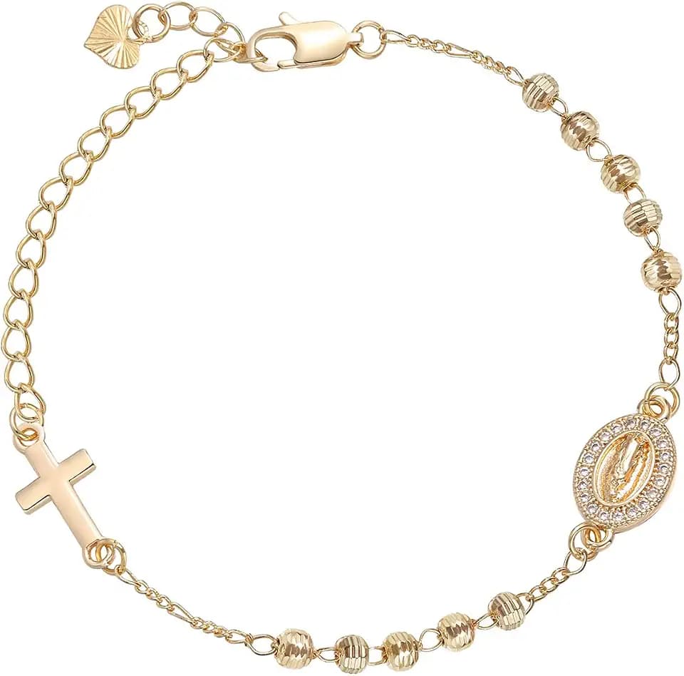 Christian Crucifix Gifts Rosary Bracelet for Women-14K Gold Plated Silver Virgin Mary Cross Charm Link Chain, Dainty Heart Virgen de Guadalupe Religious Catholic Gift for Confirmation Baptism First Communion
