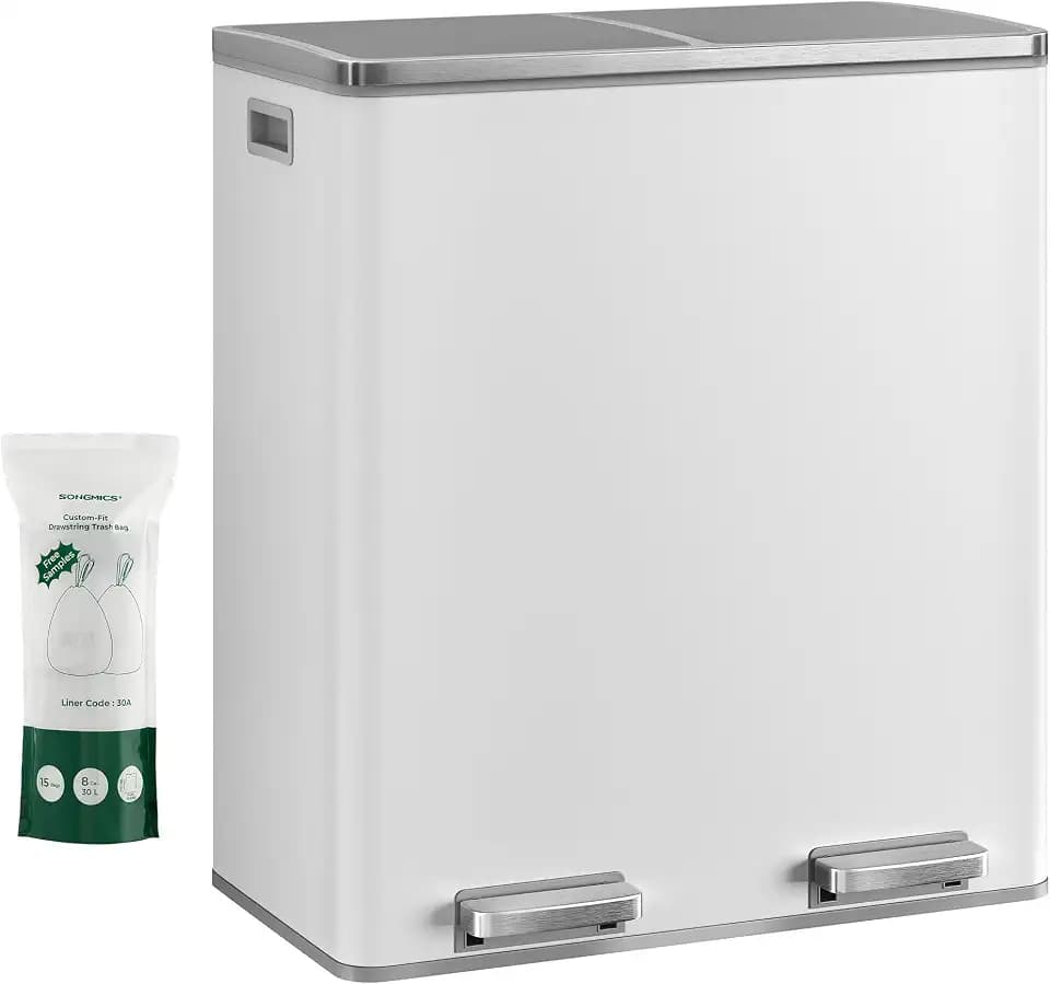 SONGMICS HOME Trash Can with 2 Compartments for Kitchen, Garbage Can with 15 Trash Bags, 2 x 8 Gallon (2 x 30 L), White