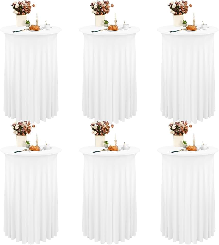 6 Pack Round Spandex Cocktail Table Skirt, 32x43 Inch Stretch Cocktail Tablecloths with Skirt, Tableskirt with Wavy Drapes Fitted High Top Bar Table Covers for Wedding, Bar, Party, Banquet(White)