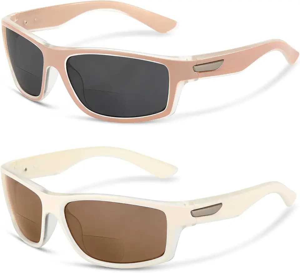 Missfive 2-Pack Bifocal Sunglasses with Readers Built In Sporty Upgraded Wrap Frame, UV400 Protection Driving & Reading Glasses for Outdoor +3.0 (Soft-Tone)