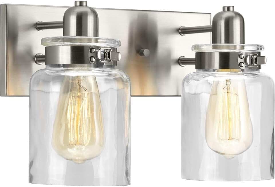 Progress Lighting P300046-009 Calhoun Collection Clear Glass Farmhouse Bath Vanity Light, 2-Light, Brushed Nickel