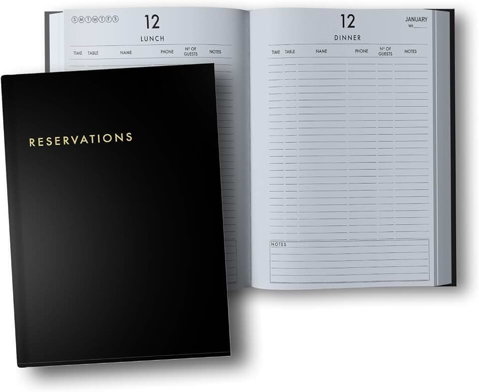 Reservations Book: Hardcover Restaurant Reservations, Double Page per Day for Lunch and Dinner, 8.5x11",Black