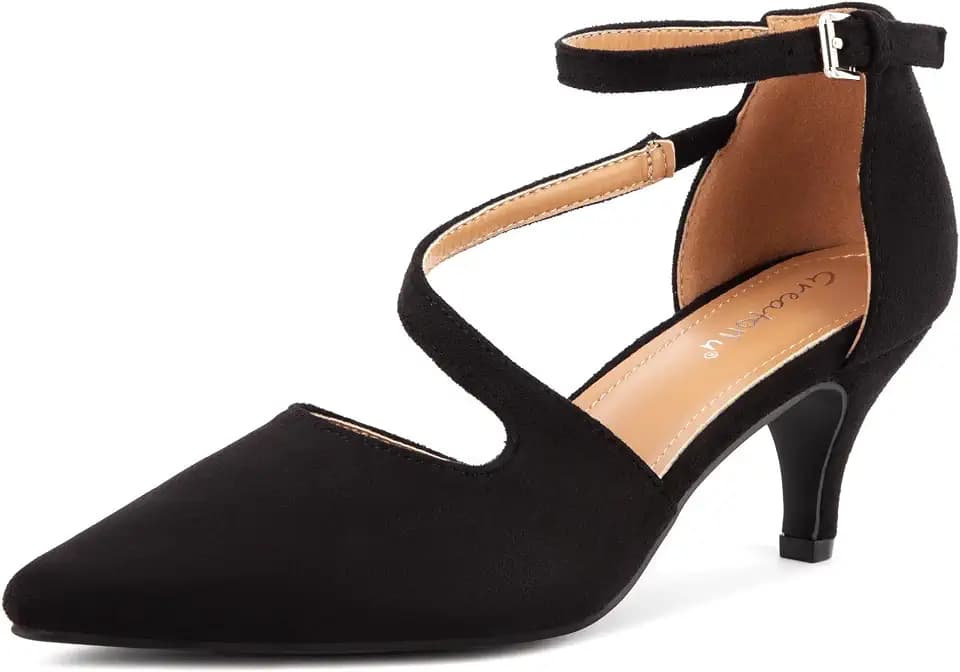 Greatonu Damen Pumps mit Knöchelriemchen und Kittenheel Pointed Toe Shoes