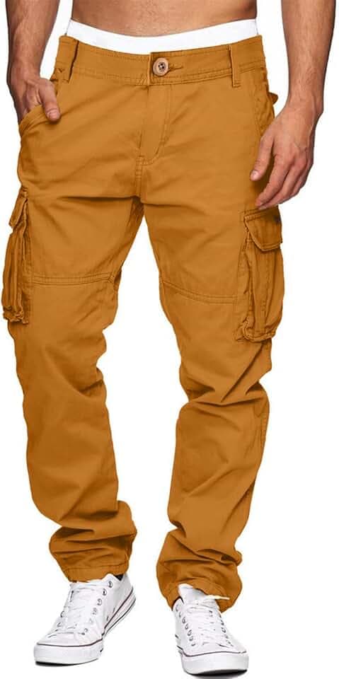 Meilicloth Herren Hose Chino Cargo Hose Baggy Stretch Cargohose Jogginghose Herren Baumwolle Sporthose Casual Freizeithose Elastische Taille mit Kordelzug Sweatpants Herren mit Taschen Orange 34