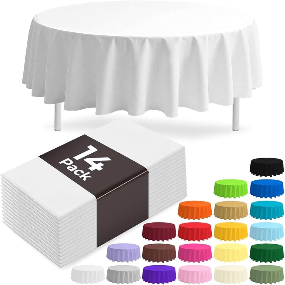 14 Pack White Plastic Table Cloth 84in Disposable Round Plastic Table Cover for Parties (White, 84" Round)