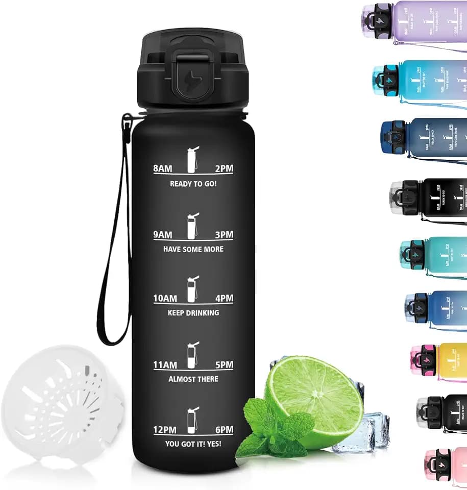 Grsta Trinkflasche 1,5 Liter - Sport, BPA Frei, Kohlensäure Geeignet, Auslaufsicher, Wasserflasche Mit Filter Und Zeitmarkierung Für Gym, Schule, Büro Und Outdoor