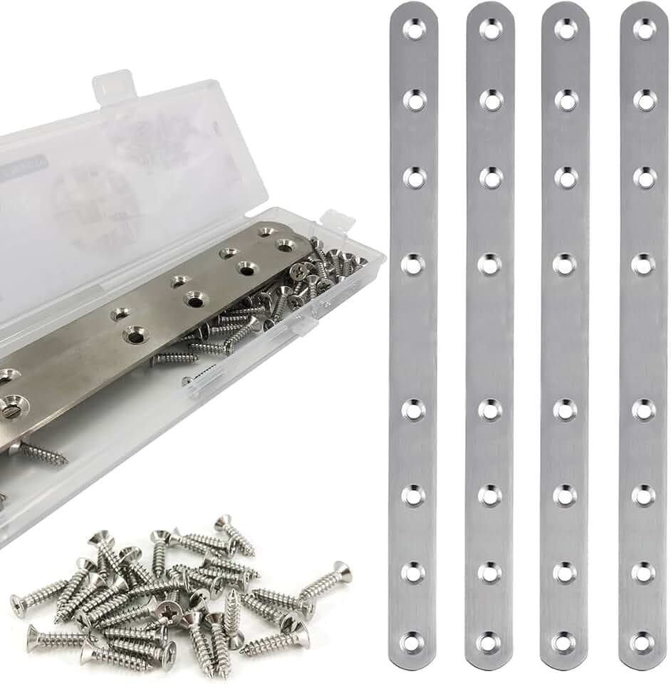 QSJ 4 Pack Flat Straight Bracket Mending Plate for Wood Stainless Steel Straight Brackets 242mm / 9.5" Wood Brace with Screws