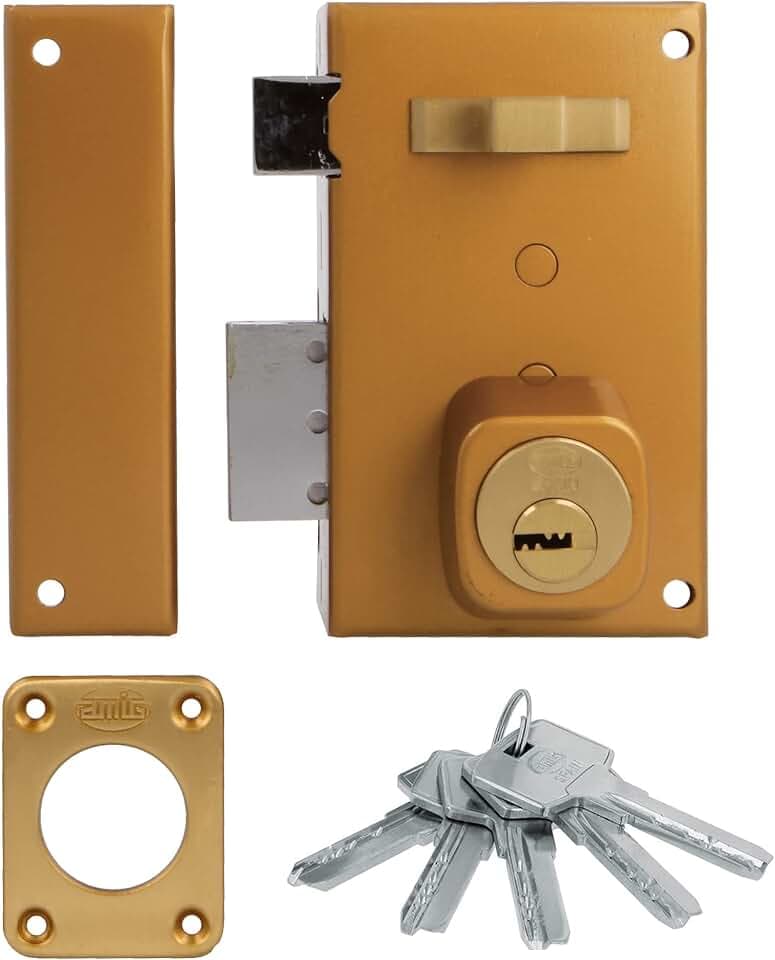 Amig - Aufschraubschloss DIN links mit Schließhebel, Falle und Ziehgriff für Holztüren Mod. 75-67 x 112 mm - Riegel mit rundem Sicherheitszylinder - Stahl goldfarben