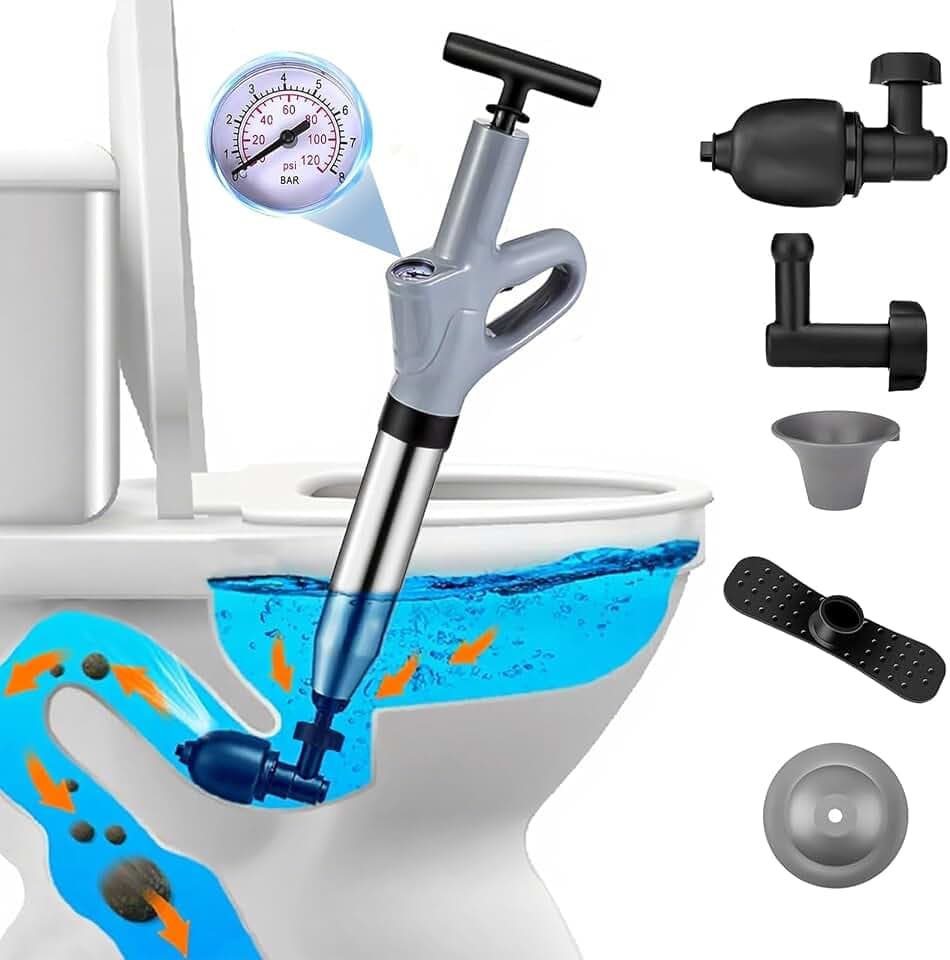 Rohrreiniger, Abflussreinigungspumpe mit Luftkompression und Luftdruckanzeige, Druckluft-Rohrreiniger mit 4 Saugnäpfen für Waschbecken, Toiletten, Bäder, Duschen und Küchen (grau)