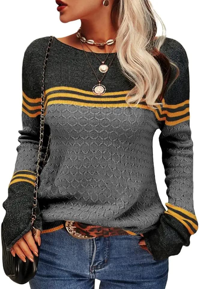 Tankaneo Damen Pullover Colorblock Langarm Rundhals Strickpullover