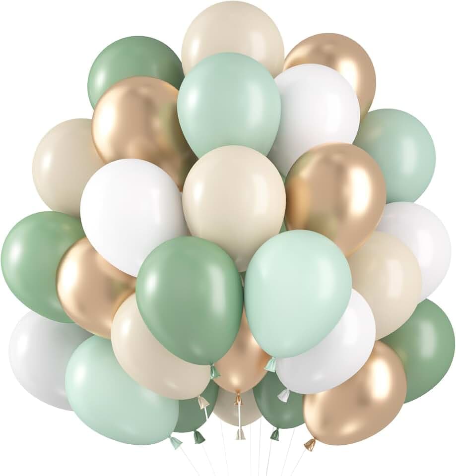 Grüne luftballons, 60 Stück Luftballons Salbeigrün, Helium Ballons Grün Gold Luftballons Geburtstag Set, Luftballon Eukalyptus Grün Gold, Ballons Grüne Beige für Hochzeit Babyparty Geburtstagsdeko