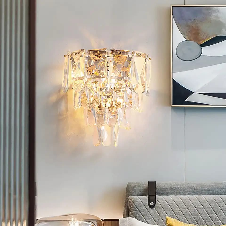 Moderne Kristall Wandleuchte, E14 Goldene Kristall Wandlampe Innen, Für Wohnzimmer Schlafzimmer Küche Flur Treppen Hotel Restaurant Beleuchtung (Gold-2)