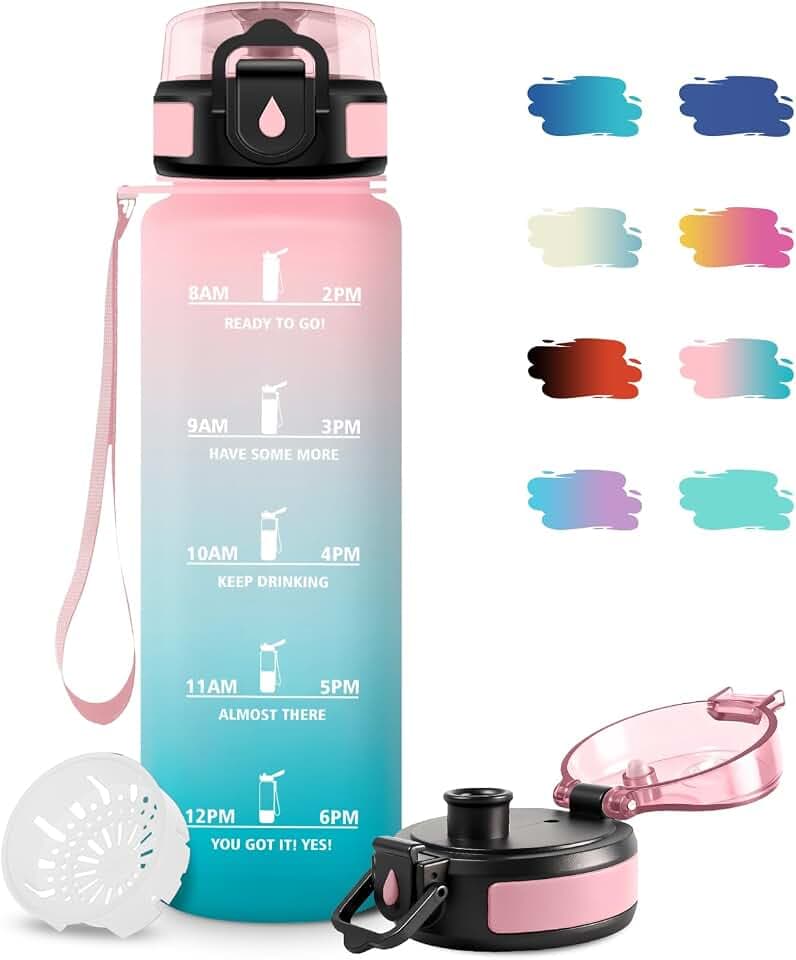 Wasserflasche Sport 1L, Kohlensäure Geeignet, Auslaufsicher Trinkflasche mit Filter, Motivierende Wasserflasche mit Zeitmarkierung, Sportflasche für Bergsteigen, Camping, Picknick, Yoga
