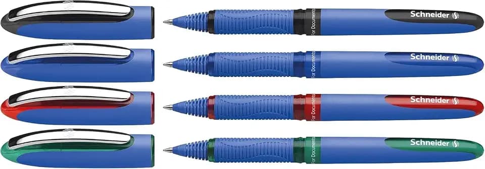 Schneider 183194 One Hybrid C 3 Tintenroller (dokumentenecht mit 0,3 mm Strichstärke und Hybrid-Konusspitze) 4er Etui schwarz, blau, rot, grün