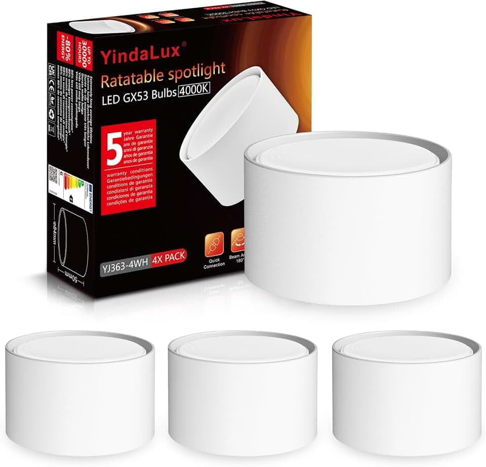 YindaLux 4x LED Aufbauspot Weiß Matt Ø84x50mm Aufbaustrahler 6W 680LM GX53 LED Neutralweiß Aufputz 230V 180° Abstrahlwinkel Deckenspots aufbauleuchte aus Aluminium Spots Deckenleuchte Rund