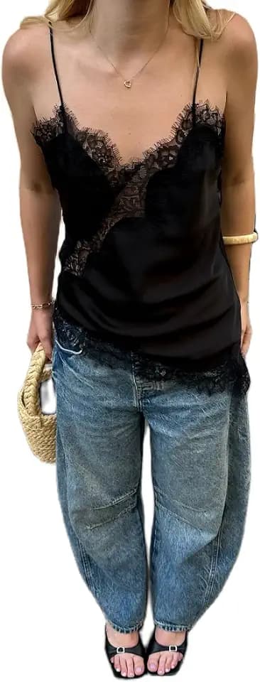 Women Satin Lace Camisole Top Sleeveless Spaghetti Strap Silk Lace Trim Cami Top Asymmetrical Tank Top Streewear