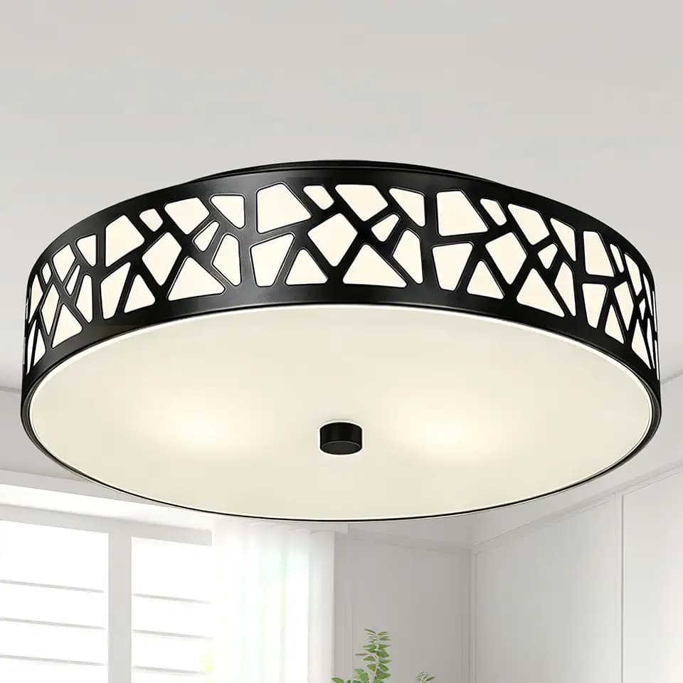 Black Flush Mount Ceiling Light, 3-Light Farmhouse Light Fixture with Frosted Glass Shade for Bedroom, Hallway, Kitchen, 16 Inch