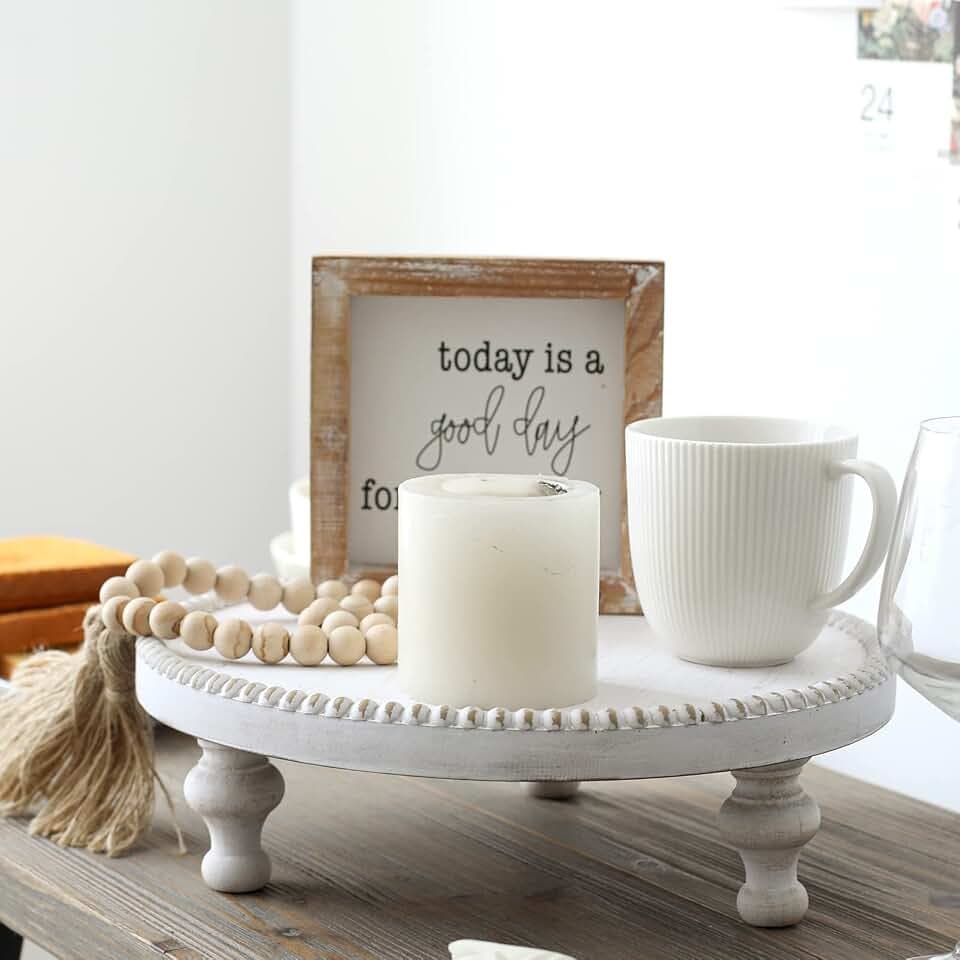 SwallowLiving Rustic White Round Wood Tray Riser Farmhouse Pedestal Stand with Beaded Edge for Decor Whitewash Finish Wooden Cupcake Display for Cakes and Decorative Items 11.8 inches