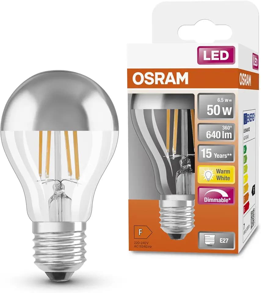 OSRAM LED-Lampen, klassische Kolbenform, mit Spiegel-Kolbenkrone, 50 Watts Ersatz, E27, A-shape, 2700 Kelvin, Warm weiß, Klares Glass, single Pack
