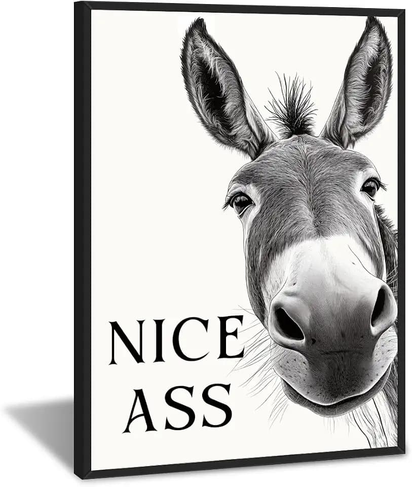 Framed Black and White Bathroom Wall Art Decor Nice Ass,Donkey in Bathroom Canvas Posters,Interest Animals Picture Wall Decor Vintage Farmhouse Home Humor Print Painting black Framed 8x12inch