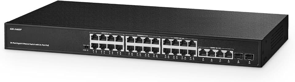 Binardat 30 Port POE Switch, 24 POE+ Ports 100/1000Mbps, 4 Gigabit Uplink, 2 SFP, IEEE802.3af/at, 450W Internes Netzteil, Metallgehäuse Unmanaged Plug and Play RackMount
