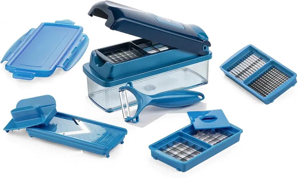 Genius Nicer Dicer Smart Gemüseschneider 10 tlg. Gemüsehobel Küchehelfer Multi Zerkleiner für Reiben Würfeln, Salatschneider Obstschneider manuell, 800 ML Behälter mit Deckel blau