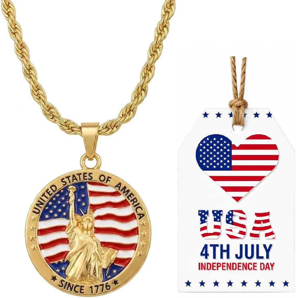 USA 250th Anniversary Necklace for Men Women, 1776 2026 Commemorative Pendant, 18K Golden Plated Brass Statue of Liberty American Flag Necklace with Stainless Steel Chain, Patriotic Jewelry Gift
